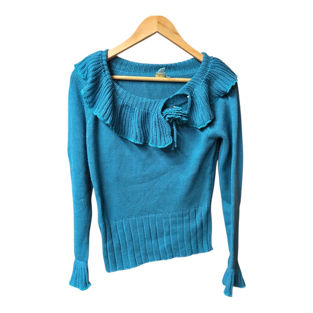 SHUSHU Sweater Turquoise Knit Ruffled Neck‎ Collar CASHMERE Blend Size MEDIUM